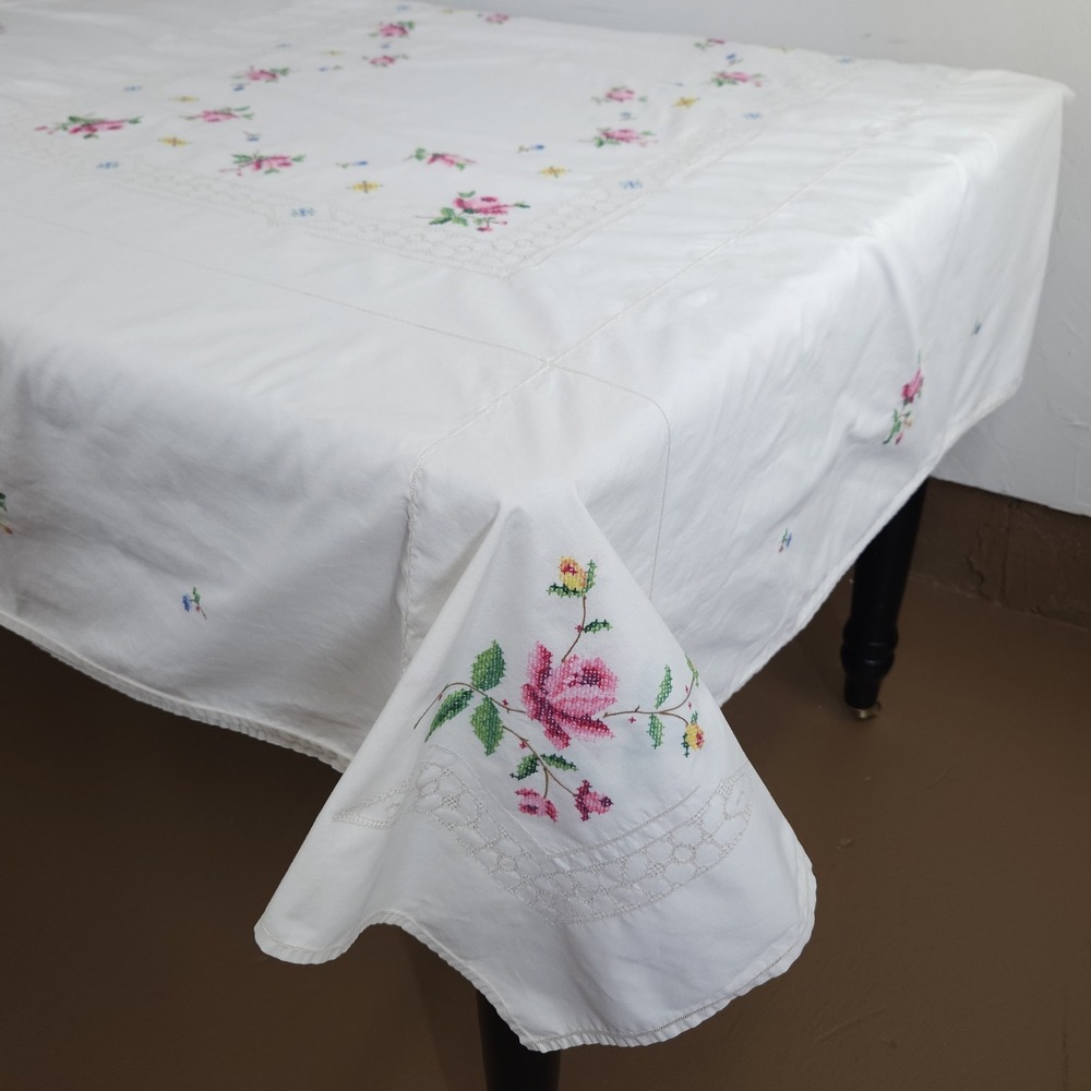 Vtg Hand Embroidered Linen Tablecloth Cross Stitch Grandmillenial Shabby 62x96